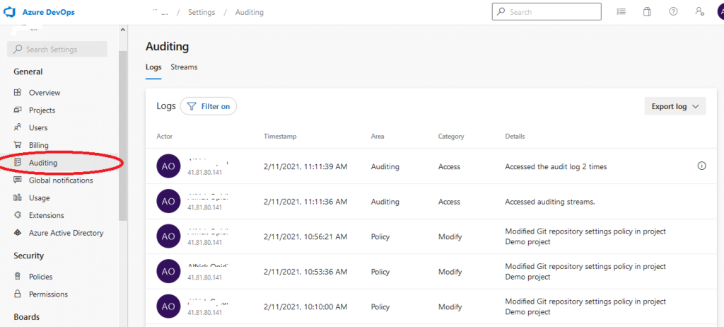 Azure DevOps access audit events