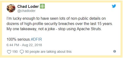 Chad Loder twitt - stop using Apache Struts