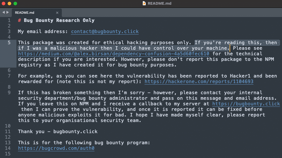 Today’s Security Tidbit: An Encrypted JSON File Containing Malicious Code - Figure 5 the README file of the package ‘support center components